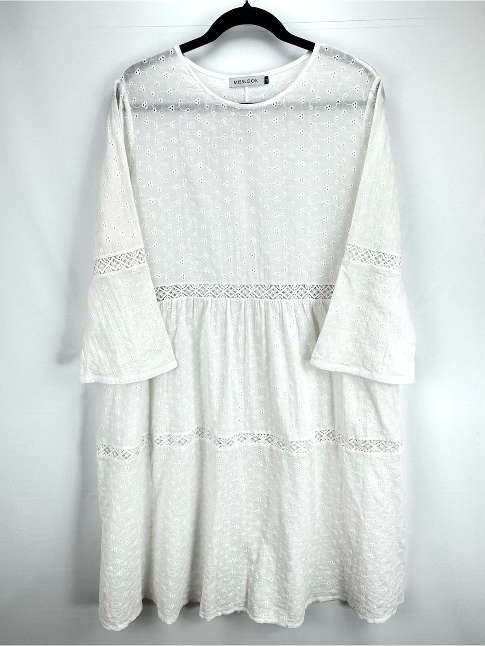 White Eyelet Lace Tiered Midi Swing Dress with 3/4 Sleeves